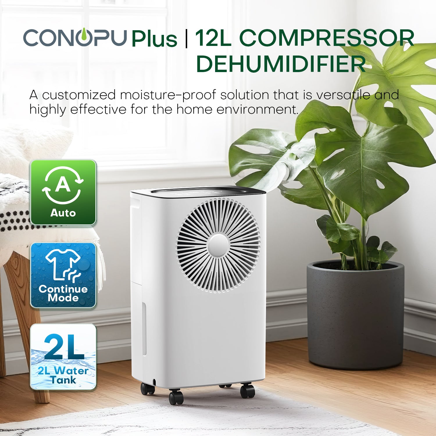 CONOPUPlus 12L/Day Dehumidifier, Auto Humidity Control, 24H Timer & Clothes Drying Mode, Energy-Efficient Dehumidifiers for Home, Ideal for Apartments, Basements, Laundry Rooms