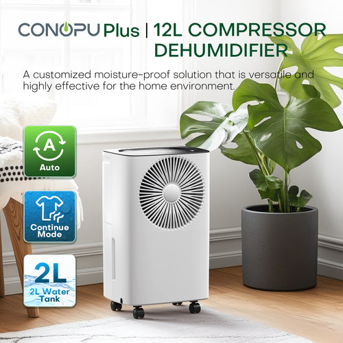 CONOPUPlus 12L/Day Dehumidifier, Auto Humidity Control, 24H Timer & Clothes Drying Mode, Energy-Efficient Dehumidifiers for Home, Ideal for Apartments, Basements, Laundry Rooms